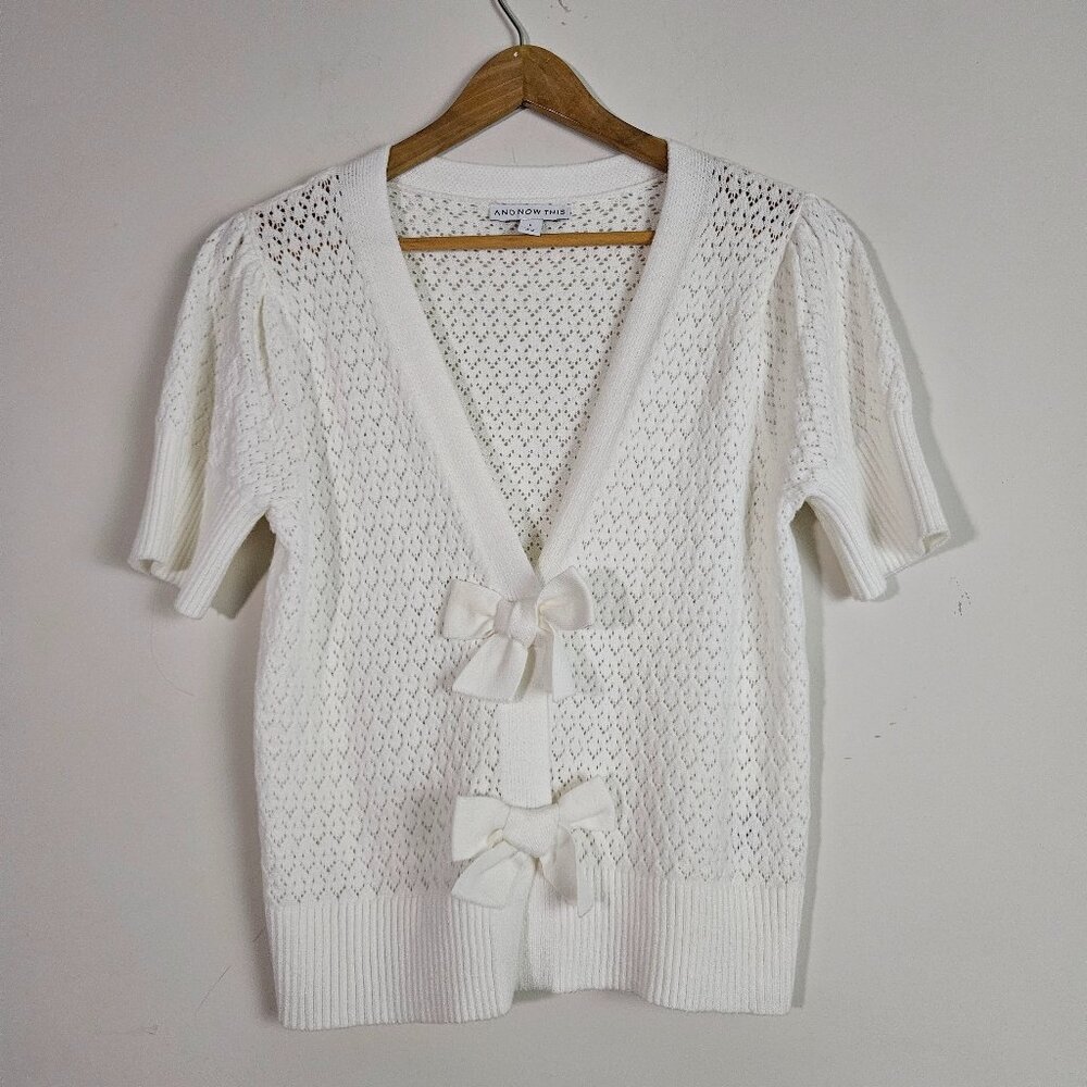 And Now This Pointelle Knit Cardigan Large White Bows Coquette Soft Romantic
